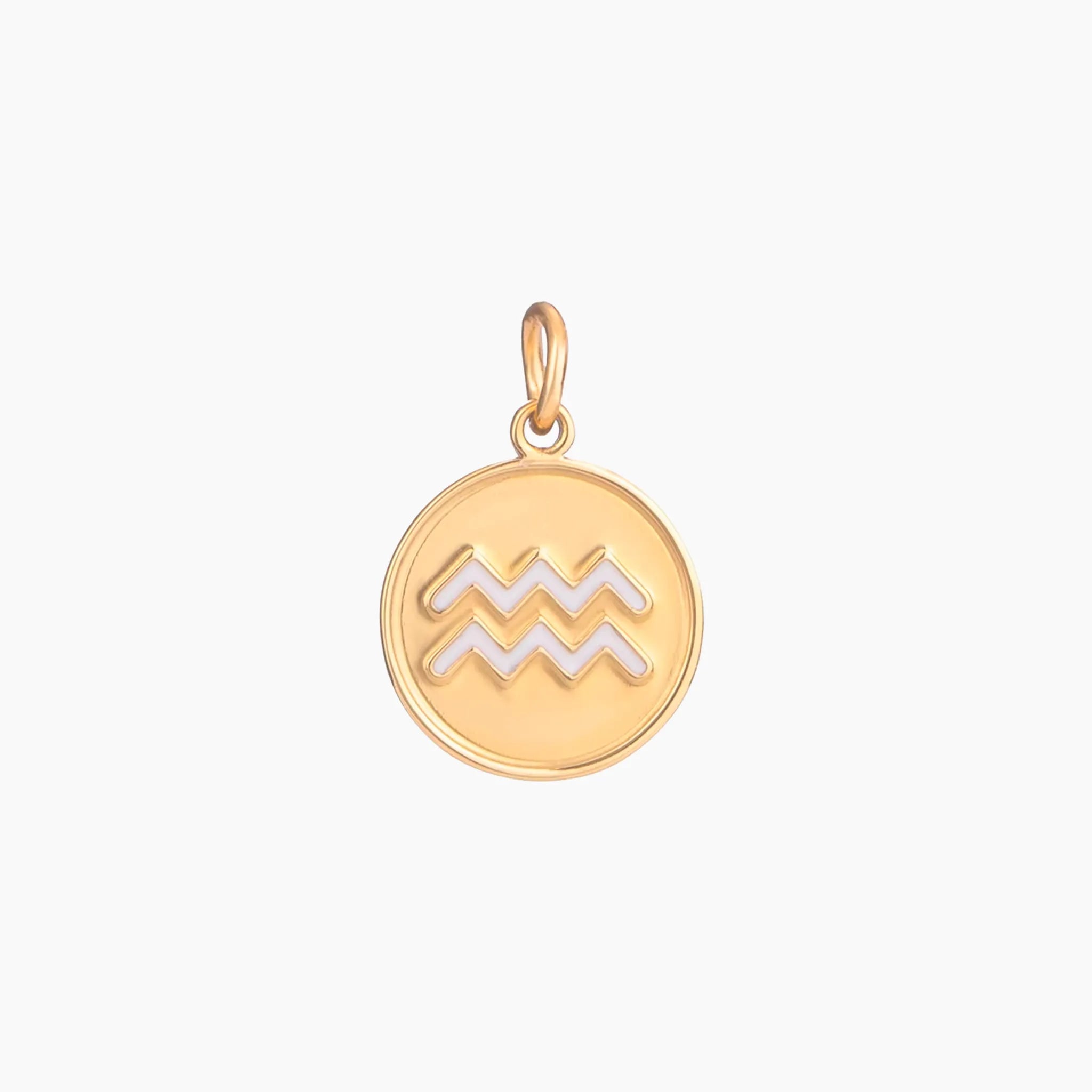 Golden pendant with aquarius zodiac symbol on a white background