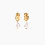 stainless steel earrings with cowrie shell and pearl drop