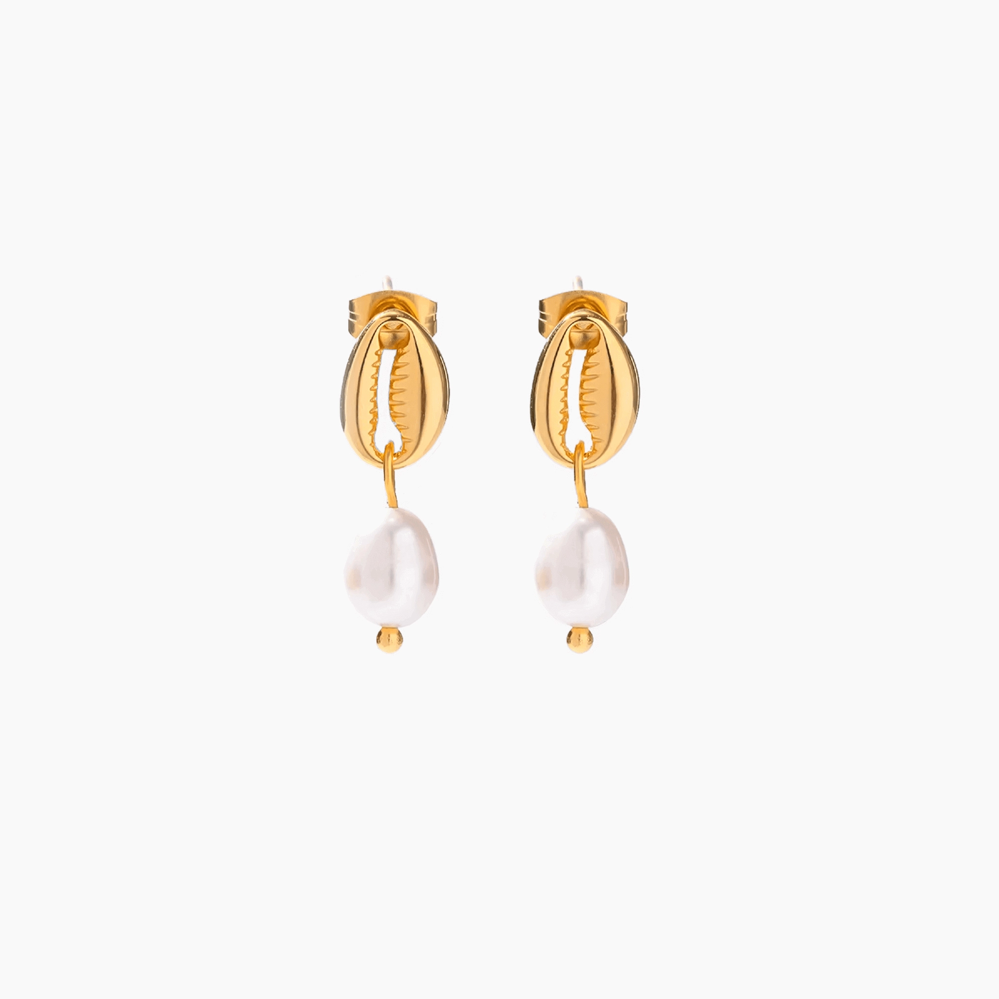 stainless steel earrings with cowrie shell and pearl drop