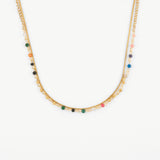 double chain necklace in stainless steel with colorful beads and gold snake chain, dainty and water-resistant