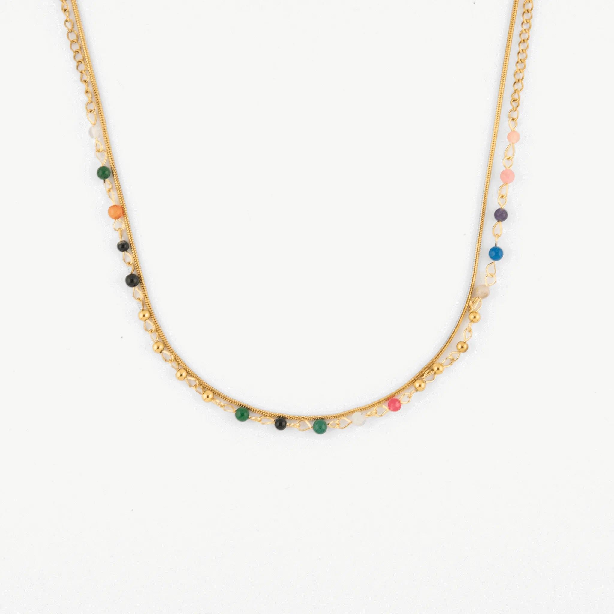 double chain necklace in stainless steel with colorful beads and gold snake chain, dainty and water-resistant
