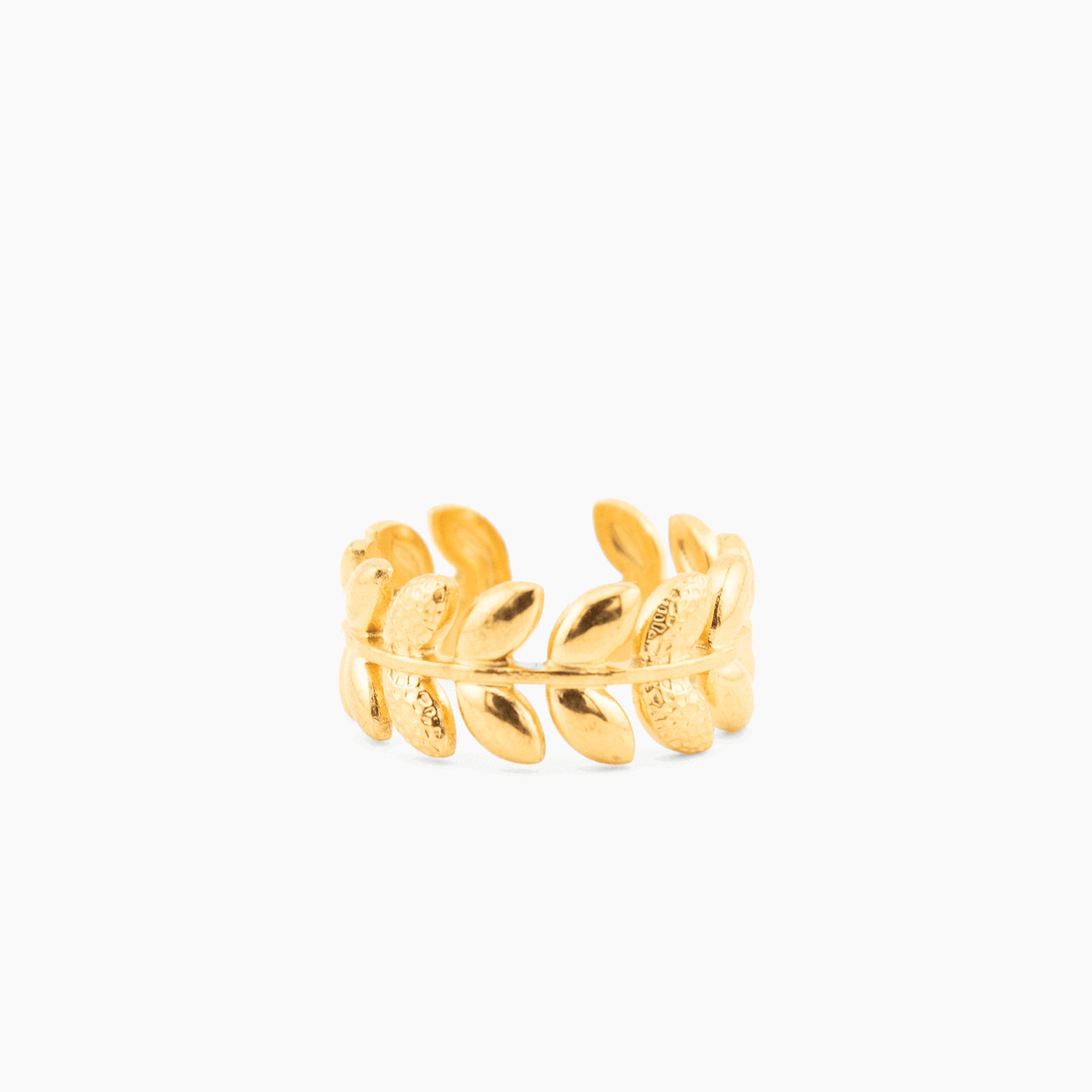 gold ring with laurel leaf design, shiny textured finish