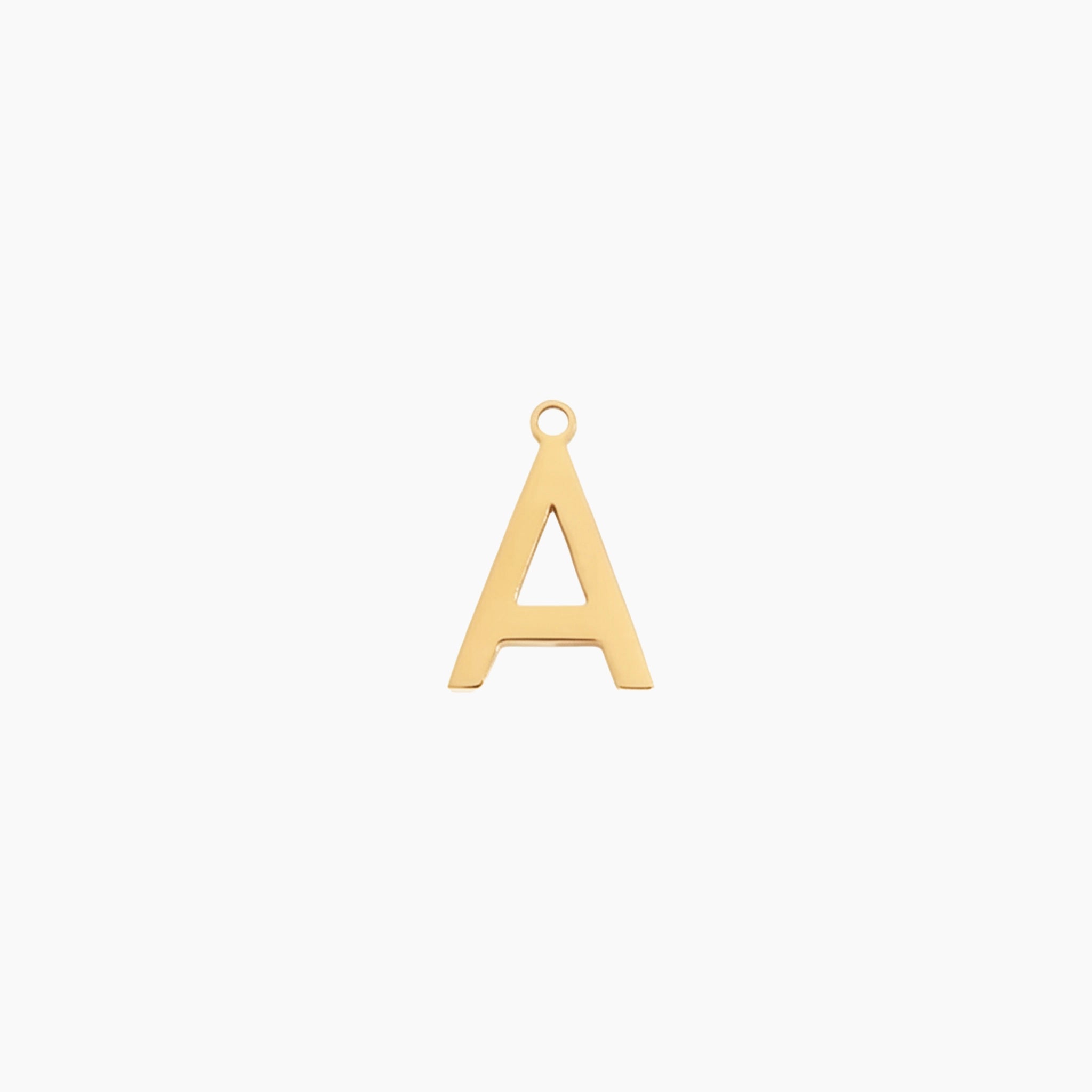 Gold letter A initial charm pendant for personalized jewelry, on a white background