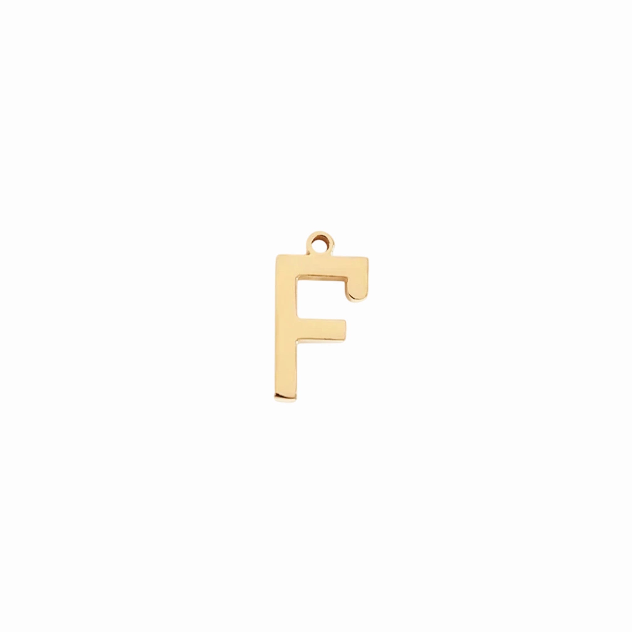 Gold letter F initial charm pendant for personalized jewelry, on a white background