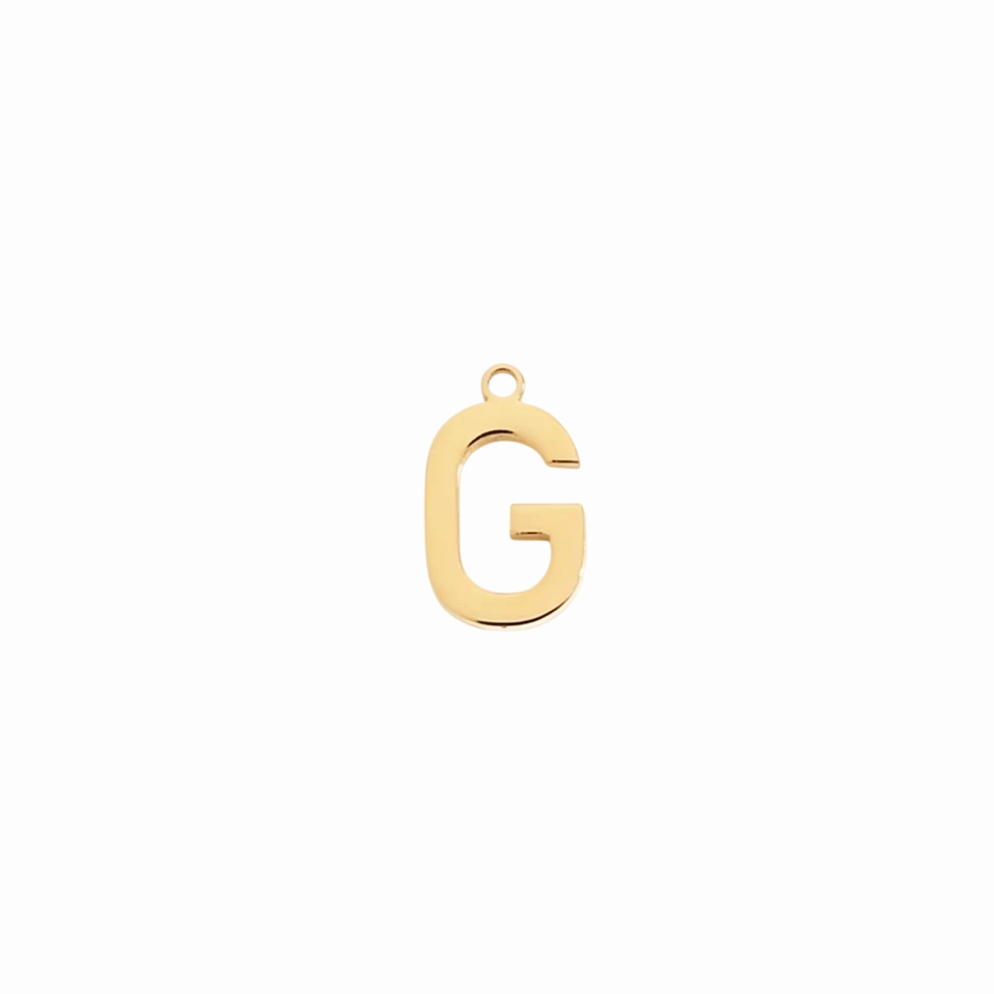 Gold letter G initial charm pendant for personalized jewelry, on a white background