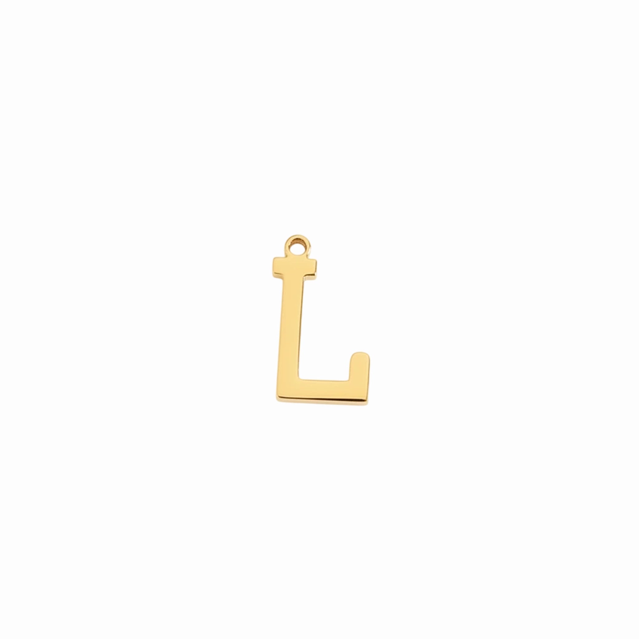 Gold letter L initial charm pendant for personalized jewelry, on a white background