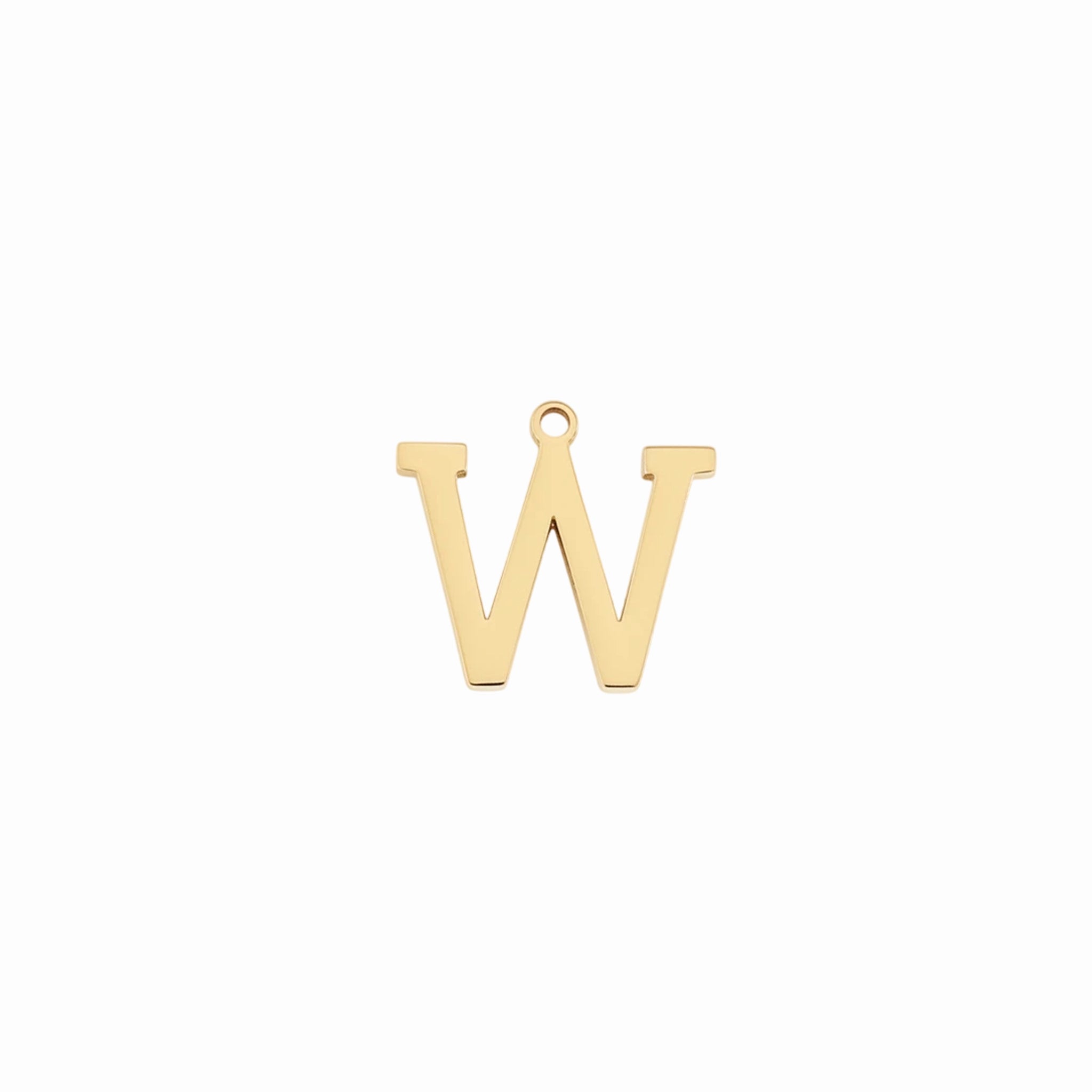 Gold letter W initial charm pendant for personalized jewelry, on a white background