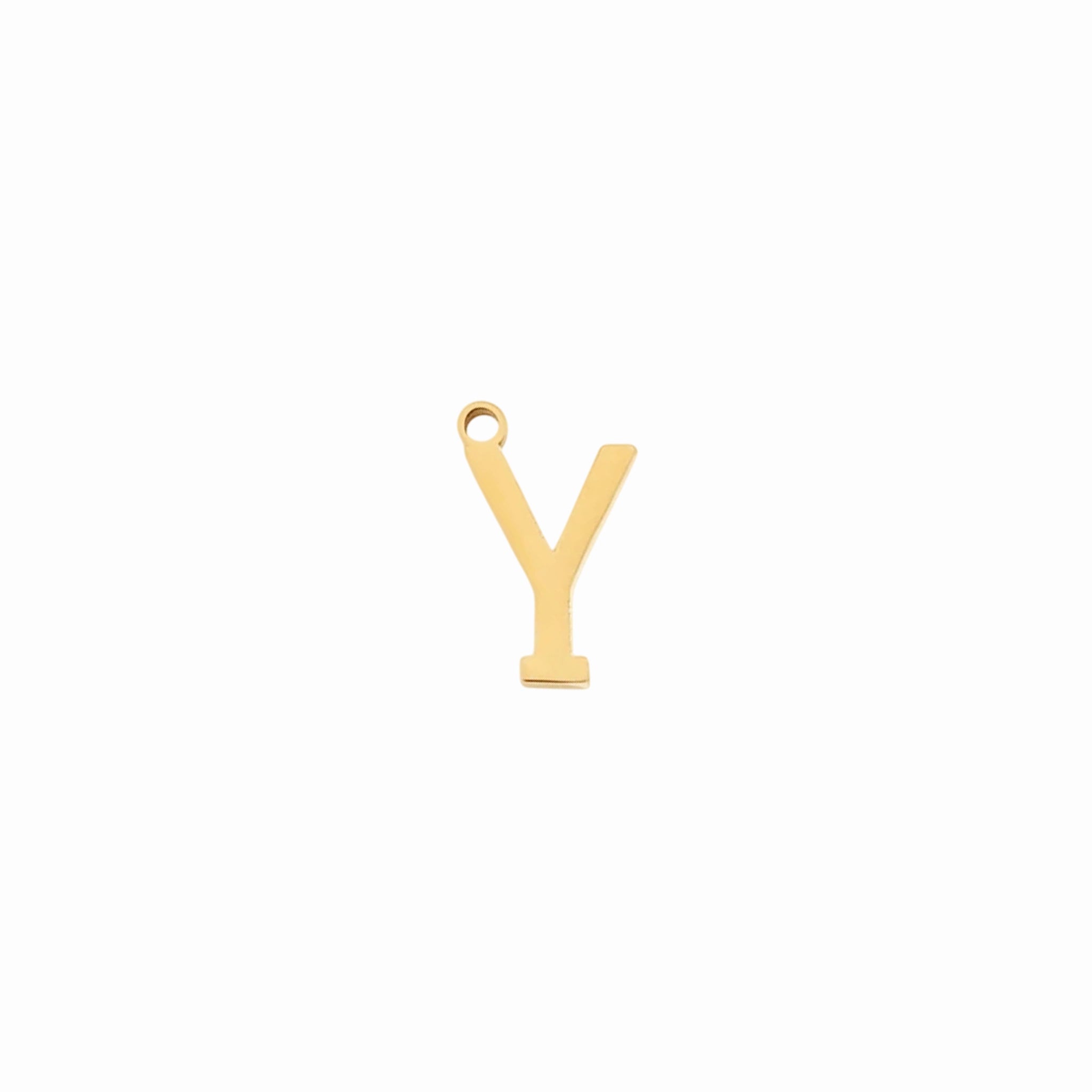 Gold letter Y initial charm pendant for personalized jewelry, on a white background
