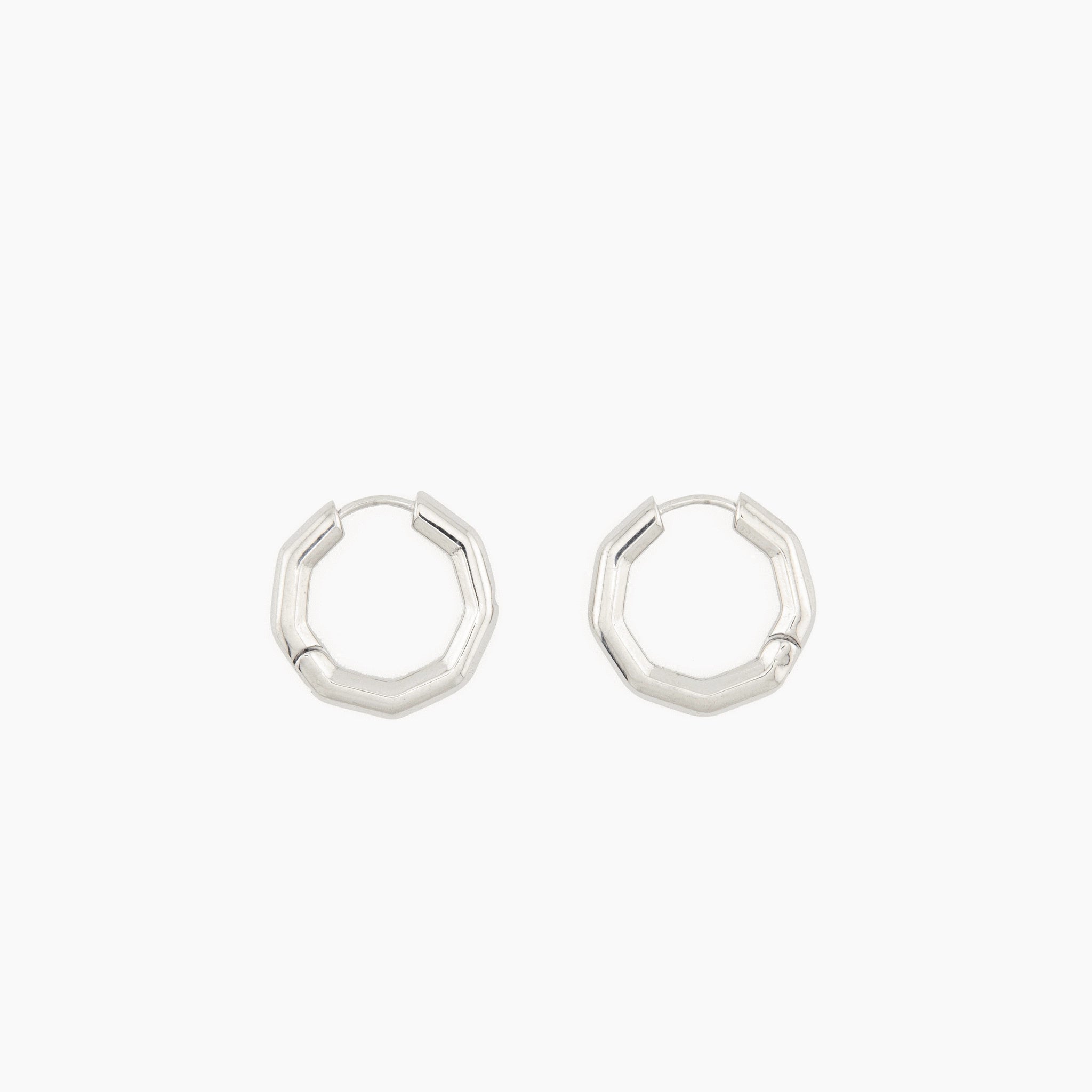 silver octagon shaped hoop earrings with polished finish