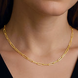 Paperclip chain medium necklace worn by a person on a black background