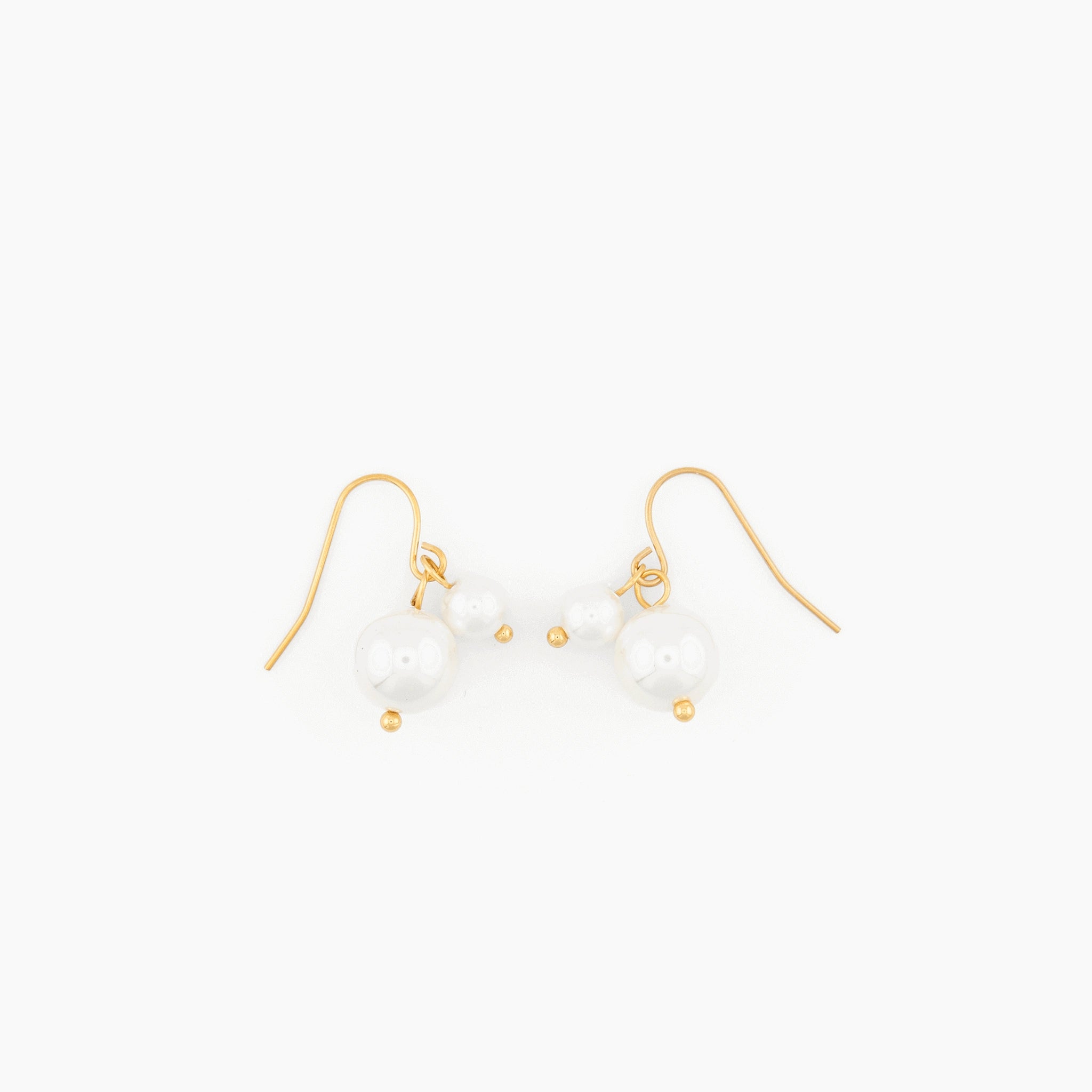 pair of gold hook earrings with two suspended white pearls