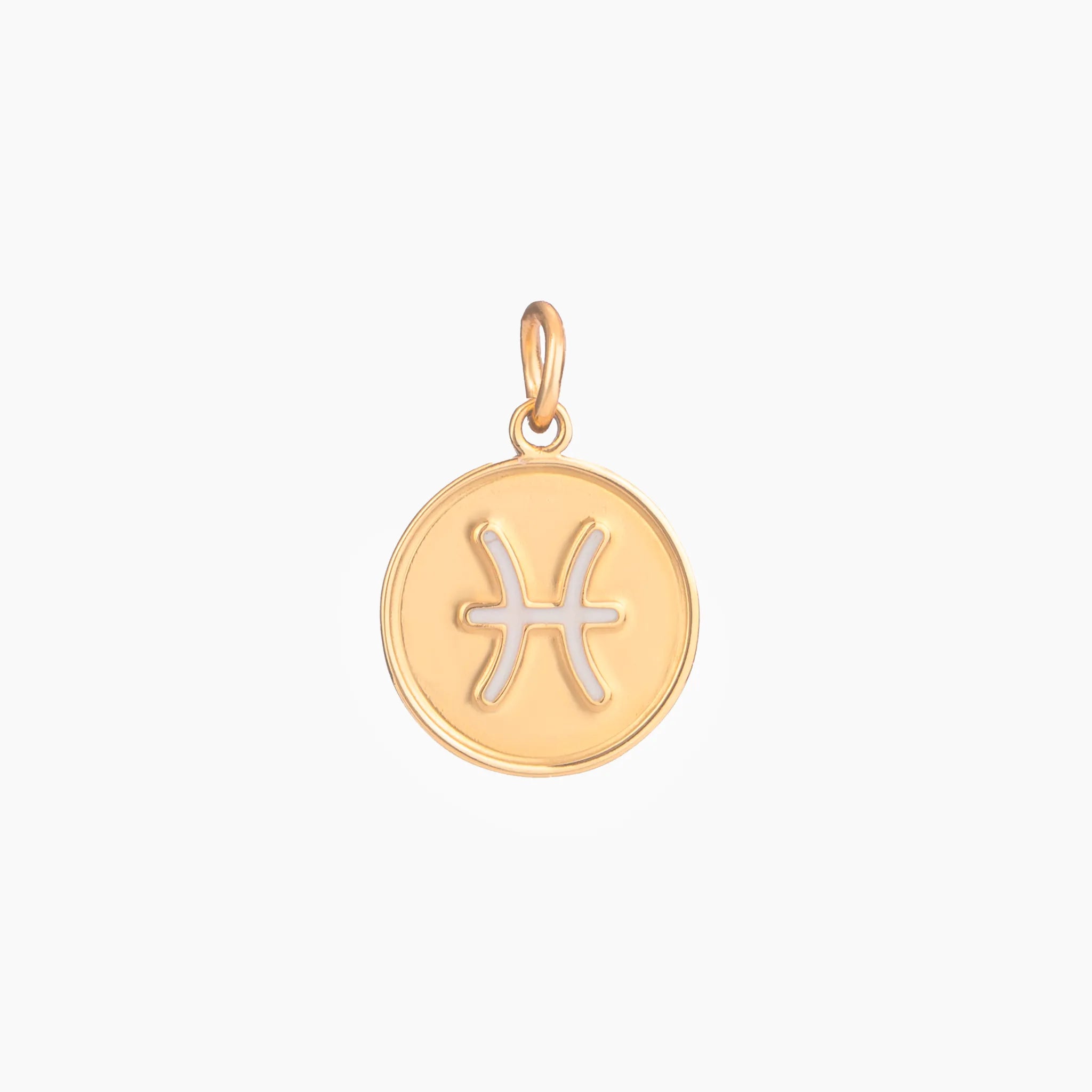 Golden pendant with pisces zodiac symbol on a white background