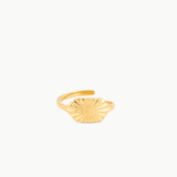 gold signet ring with engraved sunburst design, waterproof stainless steel