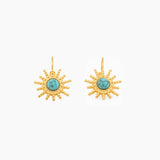 gold sunburst earrings with turquoise center