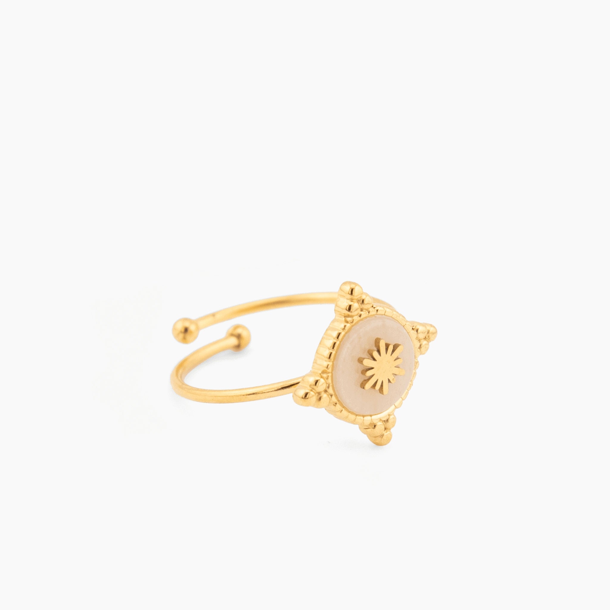 symbolic charm gold ring with engraved centerpiece in stainless steel