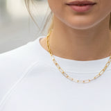 Gold paperclip chain necklace worn by a person against a neutral background